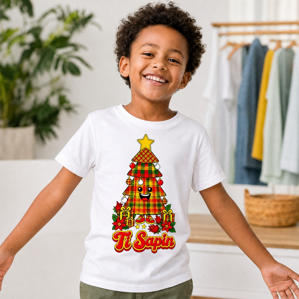 T-shirt enfant créole Noël Ti Sapin madras, coton bio – vue produit – créole - bekreyol nwèl