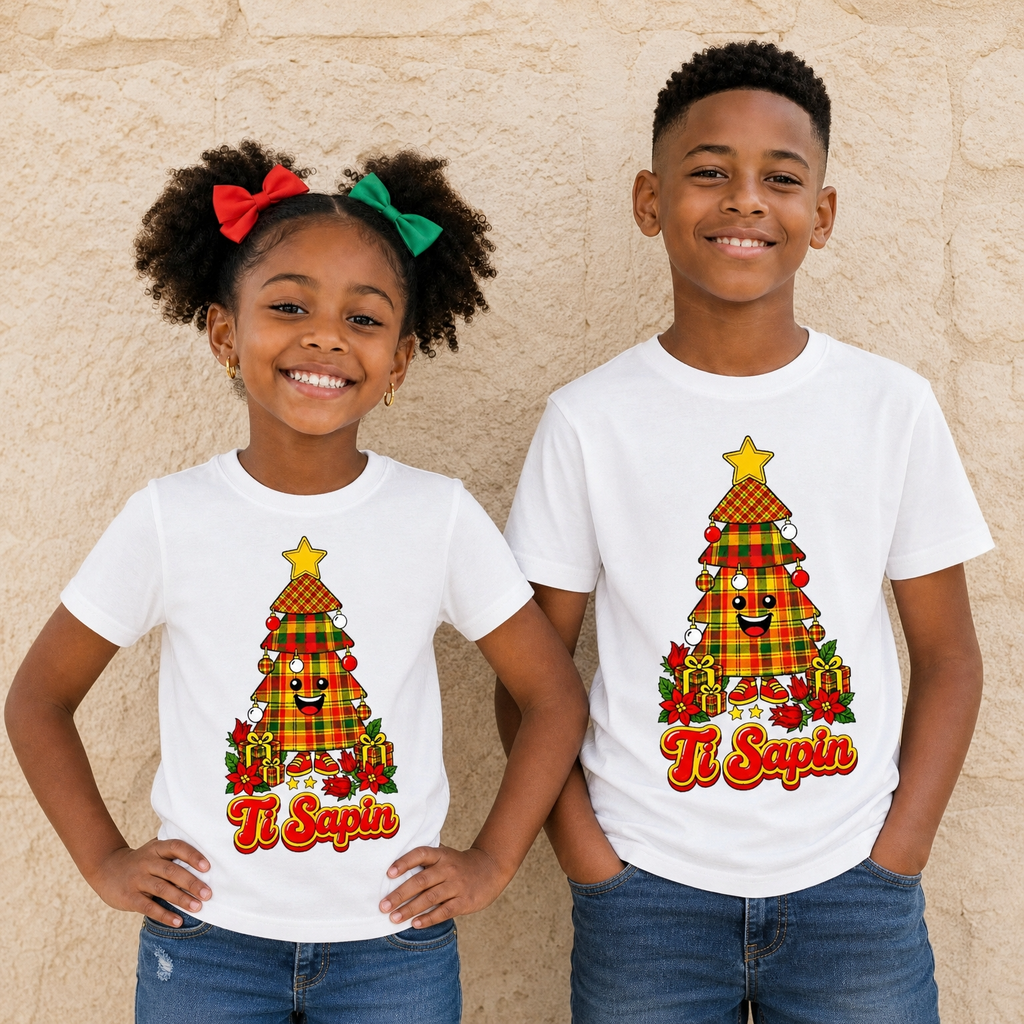 T-shirt enfant créole Noël Ti Sapin madras, coton bio – vue produit – créole - bekreyol