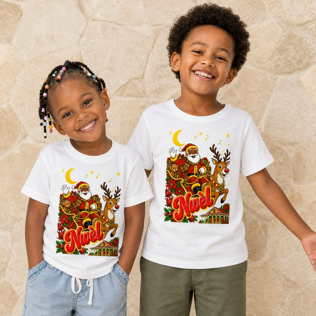 T-shirt enfant créole Noël Nwèl en coton bio – mise en scène 2 – créole - bekreyol Nwèl Père Noel