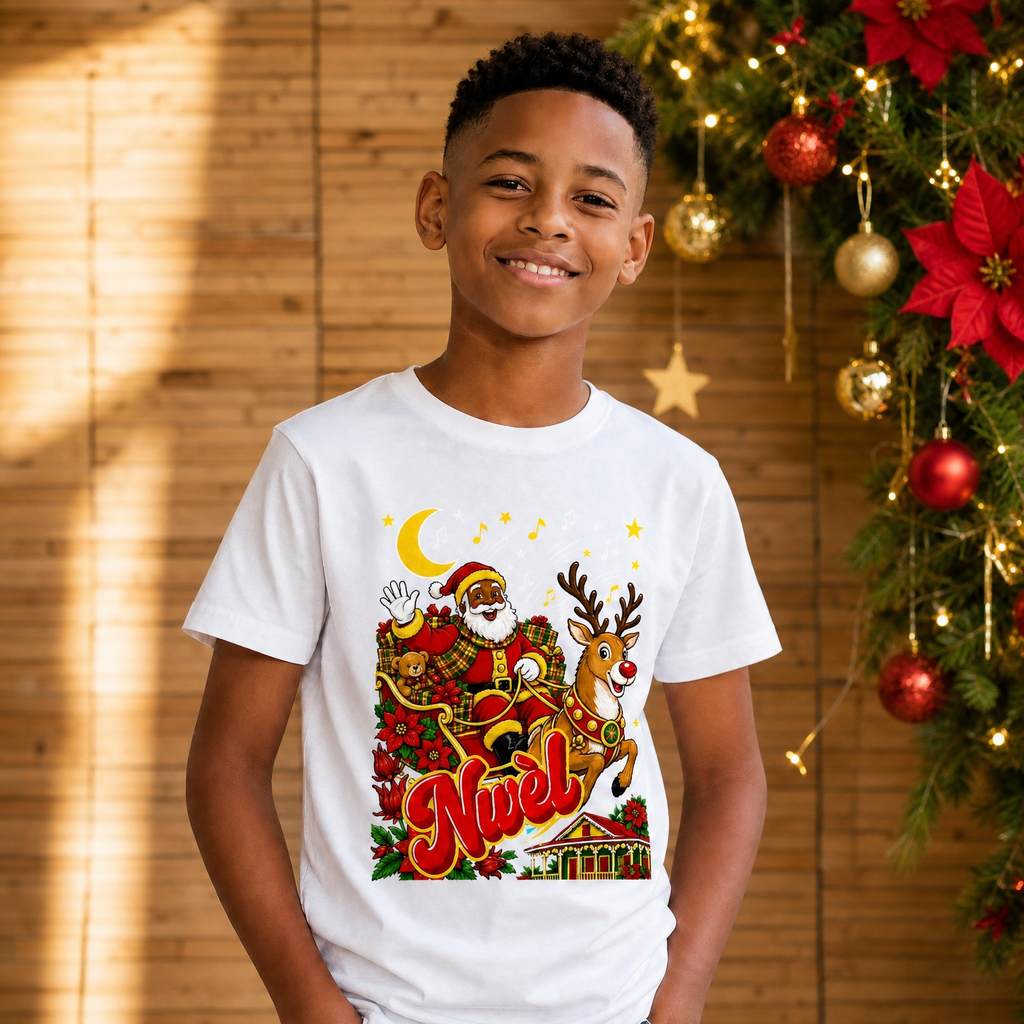 T-shirt enfant créole Noël Nwèl en coton bio – mise en scène 1 – créole - bekreyol Nwèl Père Noel