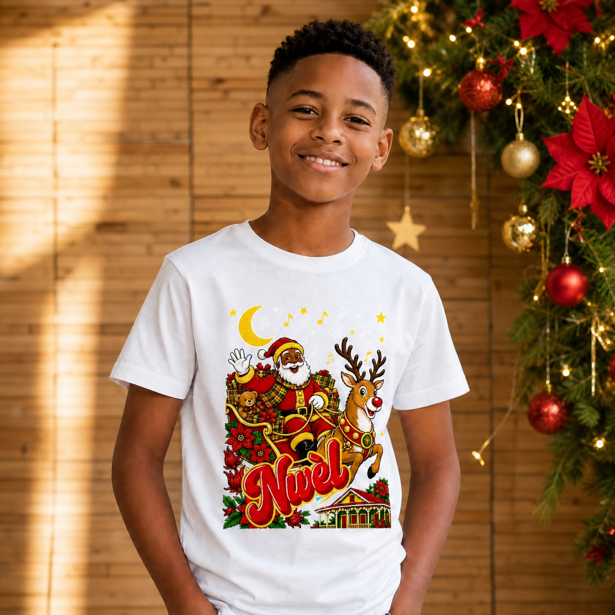 T-shirt enfant créole Noël Nwèl en coton bio – mise en scène 1 – créole - bekreyol Nwèl Père Noel