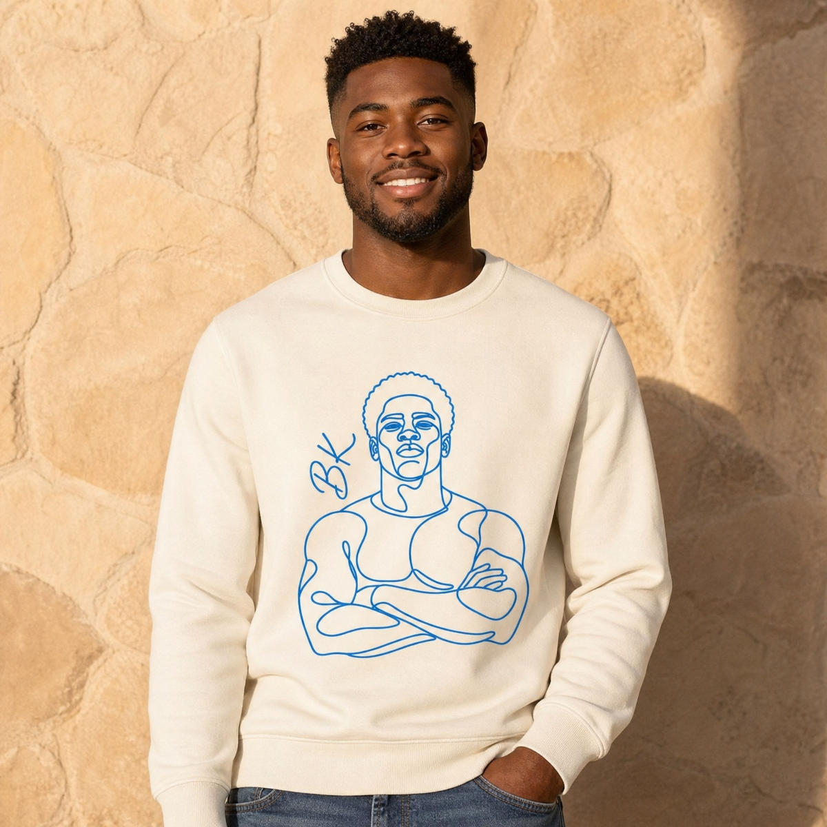 Sweat créole homme Solid bleu en coton bio – mise en scène 1 – créole - bekreyol