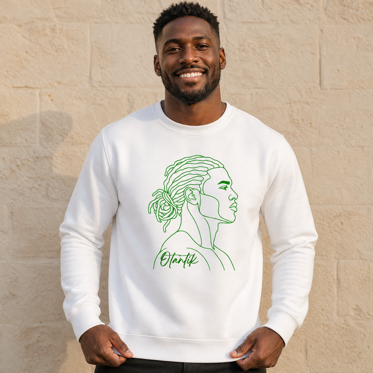 Sweat créole homme Nonm Otantik vert, coton bio – mise en scène 1 – créole - bekreyol