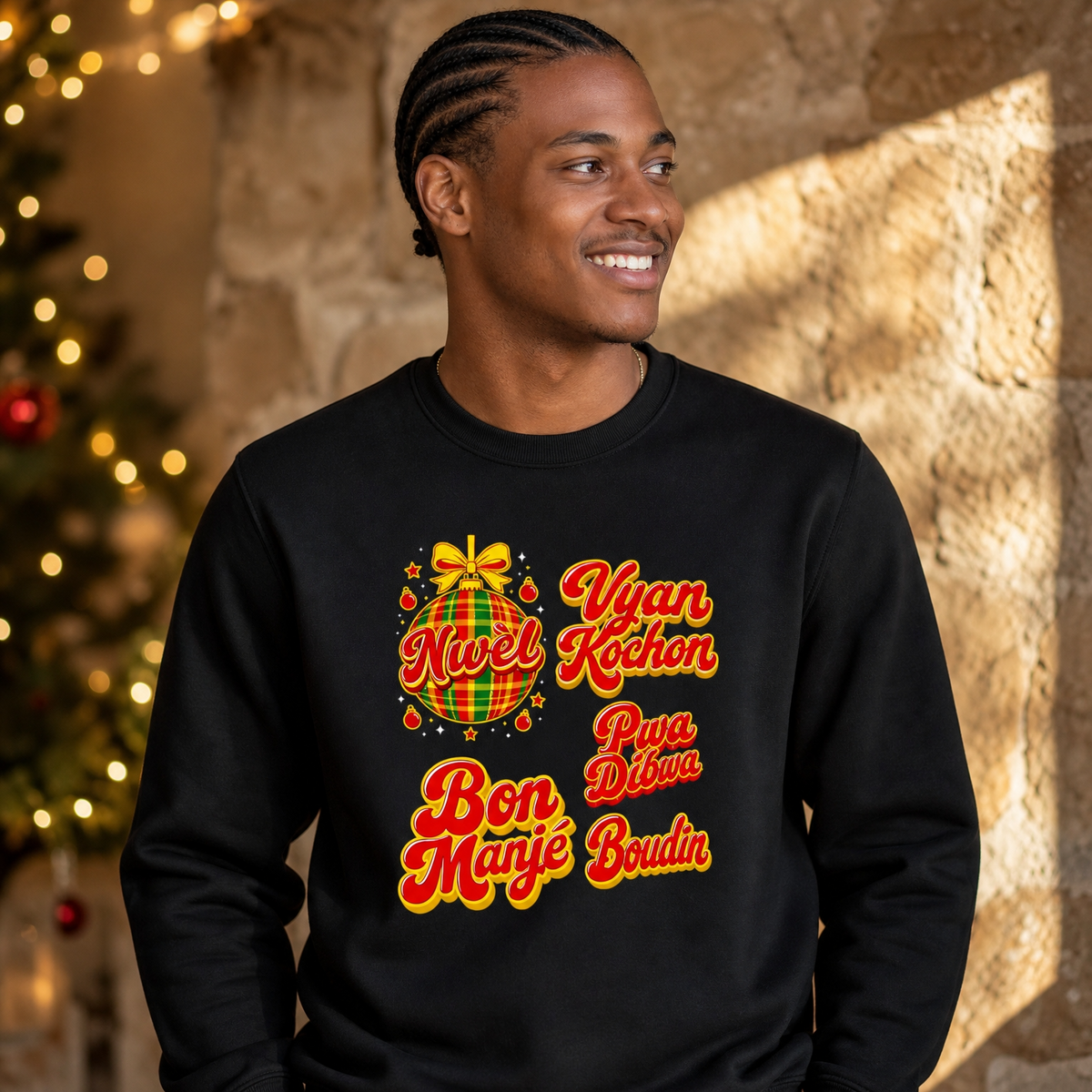 Sweat créole Noël Bon Manjé Vyan Kochon Pwa Dibwa – mise en scène 1 – créole bekreyol Nwèl