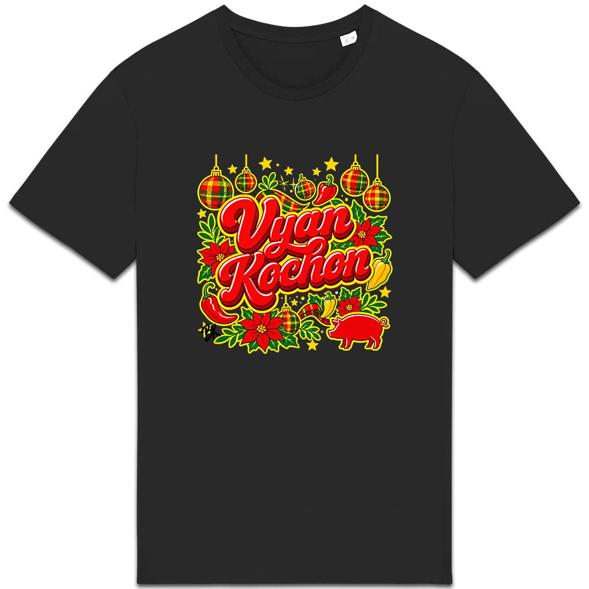 VYAN KOCHON  Nwèl - face_1 T-shirt créole Noël Vyan Kochon en coton bio – mise en scène 1 – créole - bekreyol