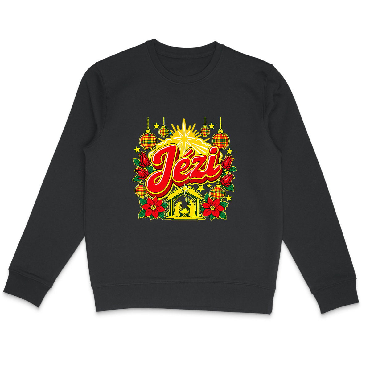 SWEAT Jézi - face_1 Sweat créole Noël Jézi en coton bio – mise en scène 1 – créole - bekreyol Nwèl
