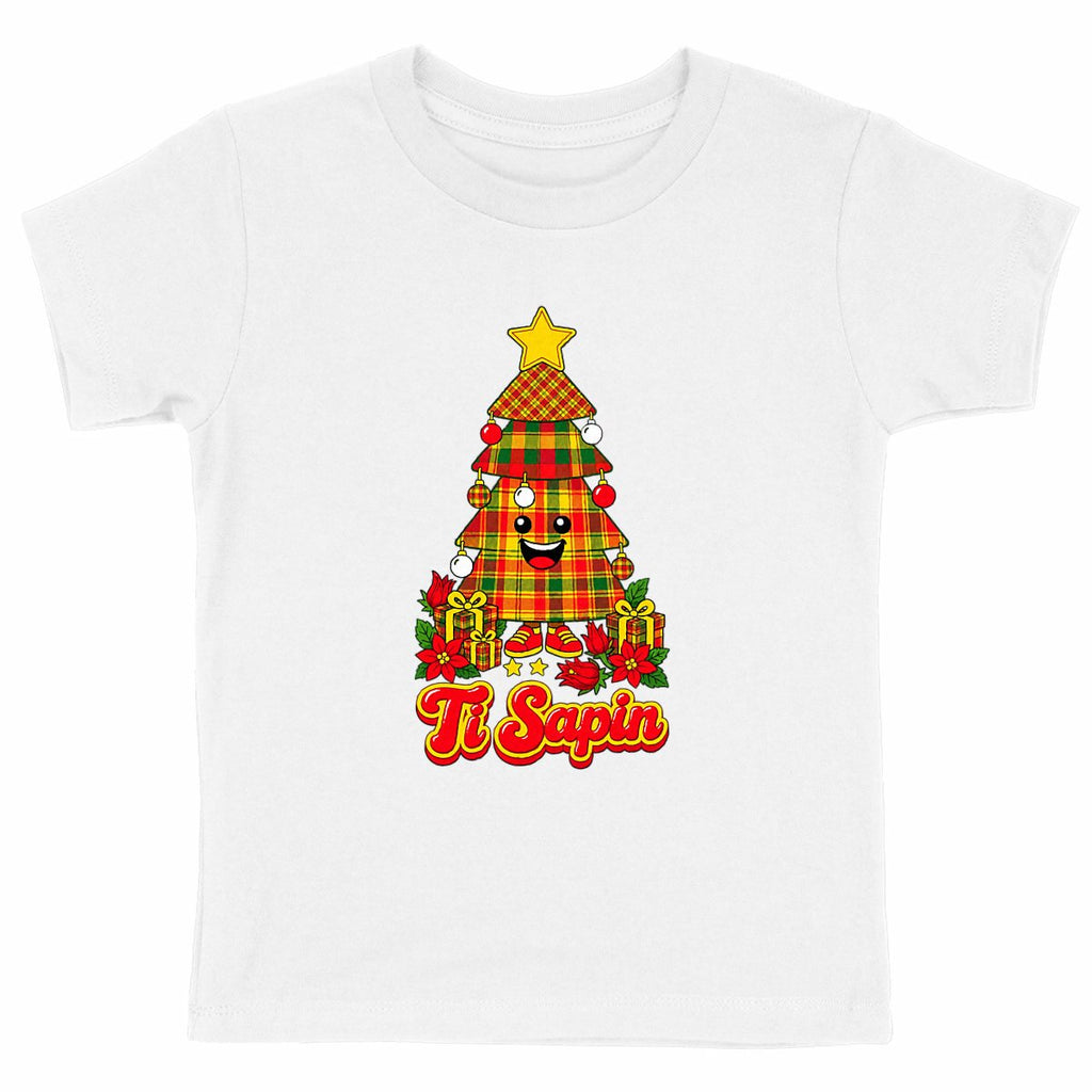 TI SAPIN Enfant - face_blanc T-shirt enfant créole Noël Ti Sapin madras, coton bio – vue produit – créole - bekreyol