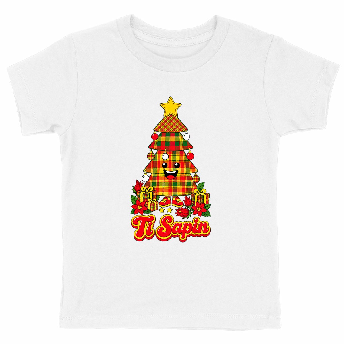 TI SAPIN Enfant - face_blanc T-shirt enfant créole Noël Ti Sapin madras, coton bio – vue produit – créole - bekreyol