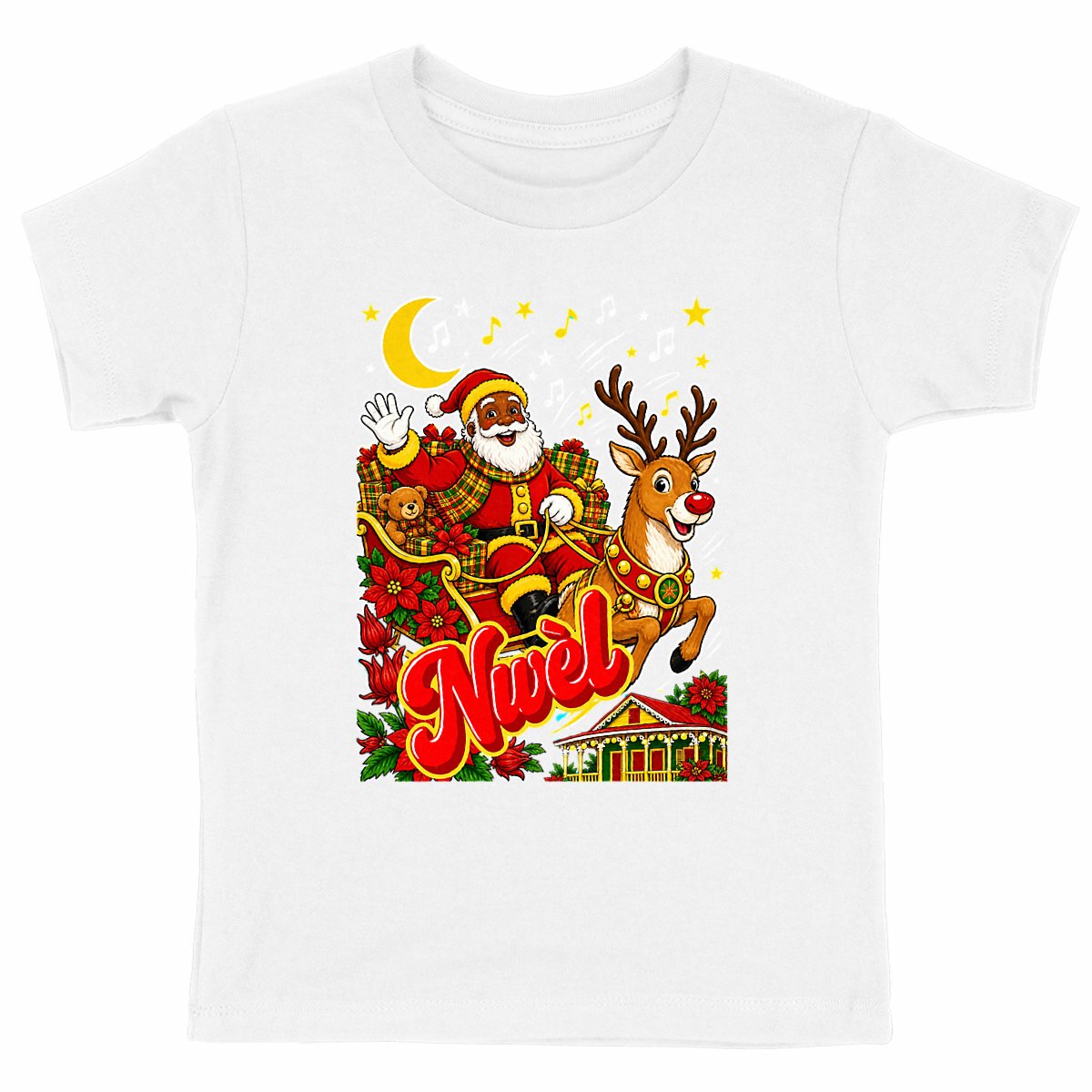 NWEL Enfant - face_blanc T-shirt enfant créole Noël Nwèl en coton bio – mise en scène 1 – créole - bekreyol Nwèl Père Noel